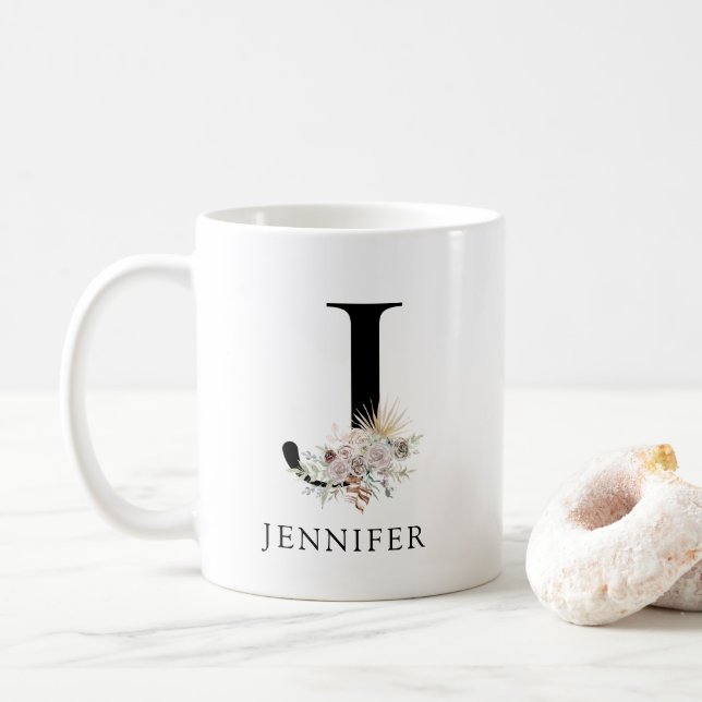 Pink Floral Palmetto Leaves Watercolor Monogram  Coffee Mug (With Donut)