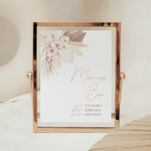 Pink Floral Pampas Boho Baby Shower Mum Osa Bar Poster (Girl Pampas Grass Baby Shower Mom Osa Bar Sign)