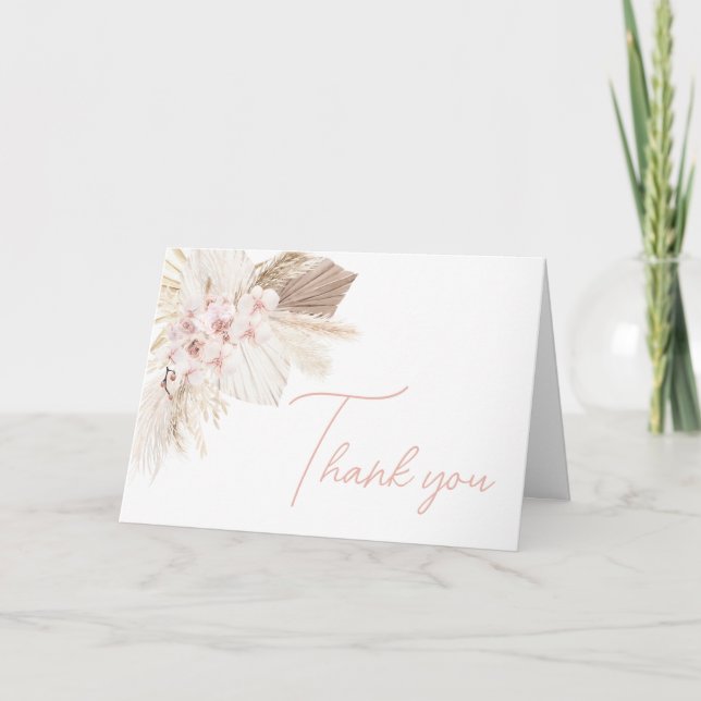 Pink Floral Pampas Boho Baby Shower Thank You Card (Front)
