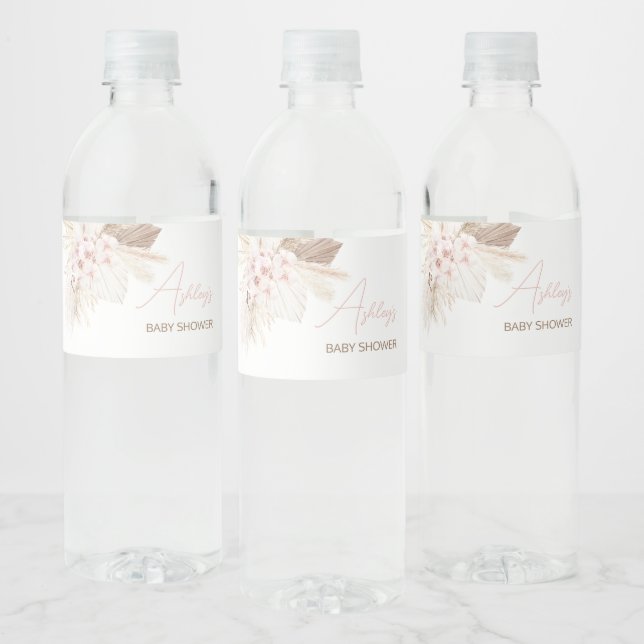 Pink Floral Pampas Boho Baby Shower Water Bottle Label (Bottles)