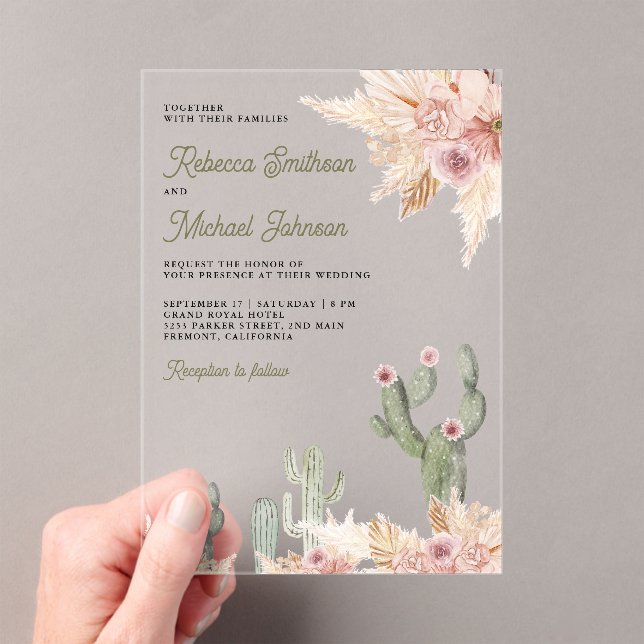Pink Floral Pampas Cactus Wedding Acrylic Invitations (Insitu (Handheld))