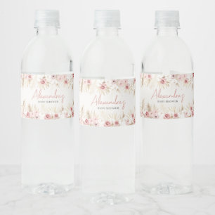 Pink Floral Pampas Grass Baby Shower  Water Bottle Label
