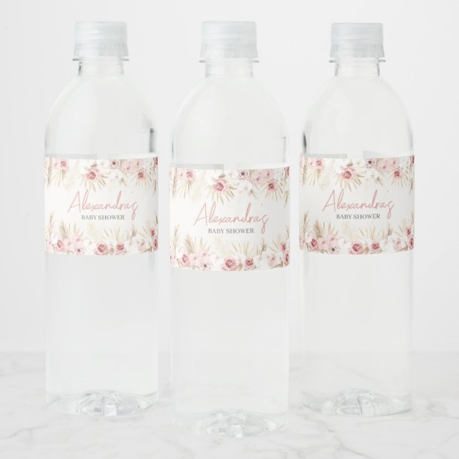 Pink Floral Pampas Grass Baby Shower  Water Bottle Label (Bottles)