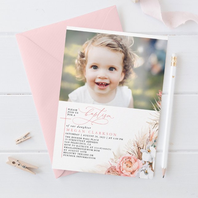 Pink Floral Pampas Grass Baptism Photo Invitation (Creator Uploaded)