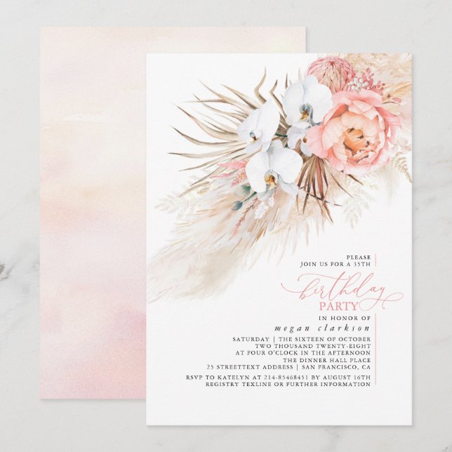 Pink Floral Pampas Grass Birthday Party Invitation (Front/Back)