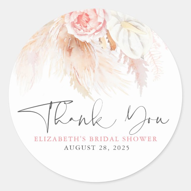 Pink Floral Pampas Grass Boho Thank You Classic Round Sticker (Front)