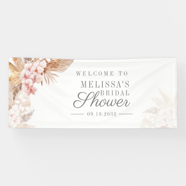 Pink Floral Pampas Grass Bridal Shower Banner (Horizontal)