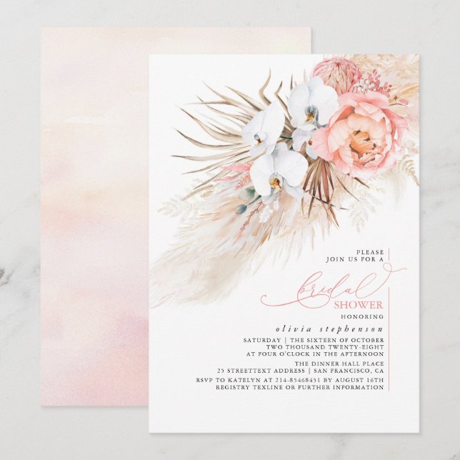 Pink Floral Pampas Grass Bridal Shower Invitation (Front/Back)