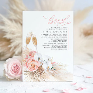 Pink Floral Pampas Grass Brunch and Bubbly Invitation