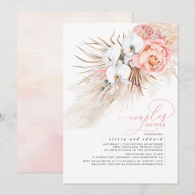 Pink Floral Pampas Grass Couples Shower Invitation (Front/Back)