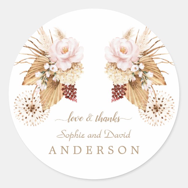Pink Floral Pampas Grass Dried Palm Leaves Wedding Classic Round Sticker (Front)
