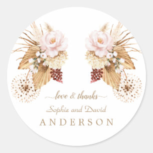 Pink Floral Pampas Grass Dried Palm Leaves Wedding Classic Round Sticker