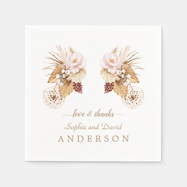 Pink Floral Pampas Grass Dried Palm Leaves Wedding Napkin (Front)