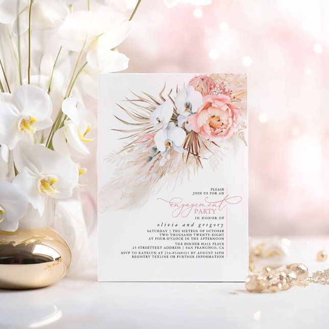 Pink Floral Pampas Grass Engagement Party Invitation (Boho Floral Pink Engagement Party Invitations)