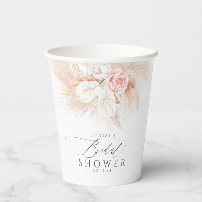 Pink Floral Pampas Grass Exotic Bridal Shower Paper Cups (Back)