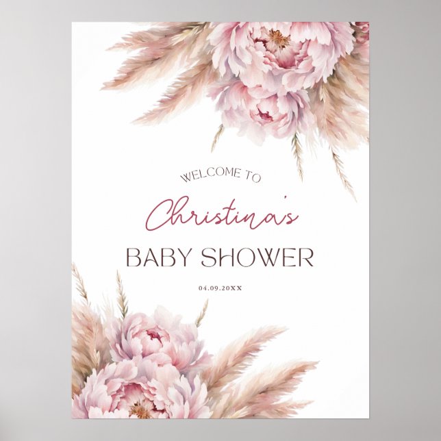 Pink Floral Pampas Grass Girl Baby Shower Welcome Poster (Front)
