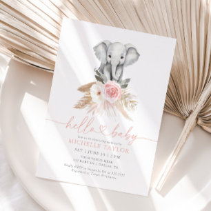 Pink Floral Pampas Grass Girl Elephant Baby Shower Invitation