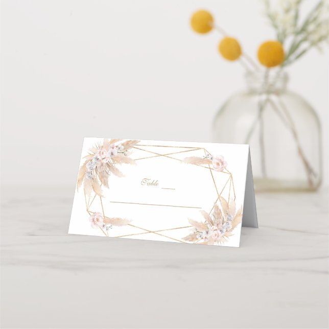 Pink Floral Pampas Grass Gold All In One Wedding  Place Card (Front)