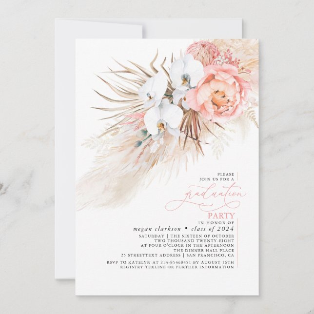 Pink Floral Pampas Grass Graduation Party Invitation (Front)