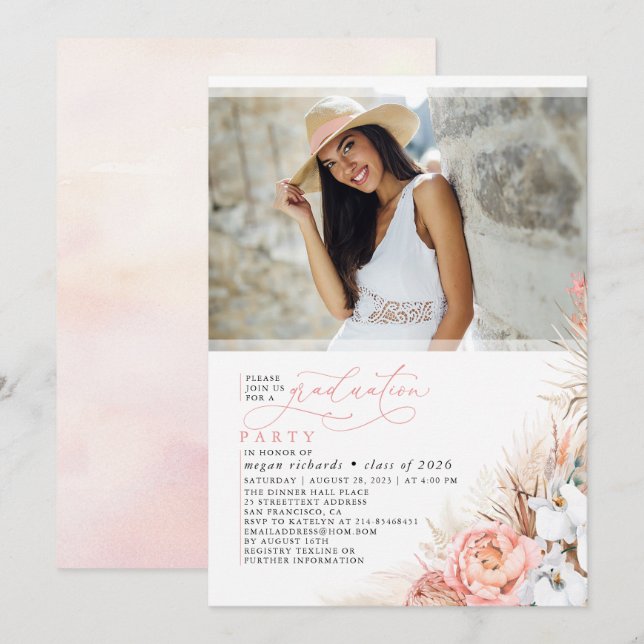 Pink Floral Pampas Grass Graduation Photo Invitation (Front/Back)
