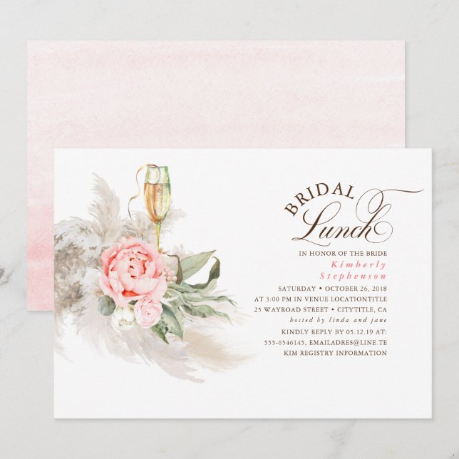 Pink Floral Pampas Grass Greenery Bridal Lunch Invitation (Front/Back)