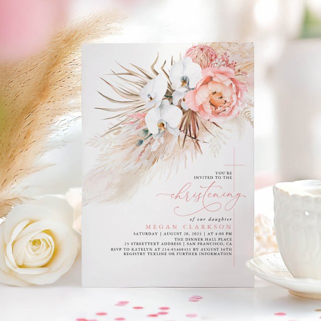 Pink Floral Pampas Grass Modern Christening Invitation (Pink Floral Christening Invitation)