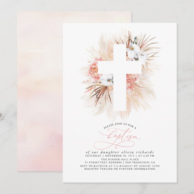 Pink Floral Pampas Grass Modern Girls Baptism Invitation (Front/Back)