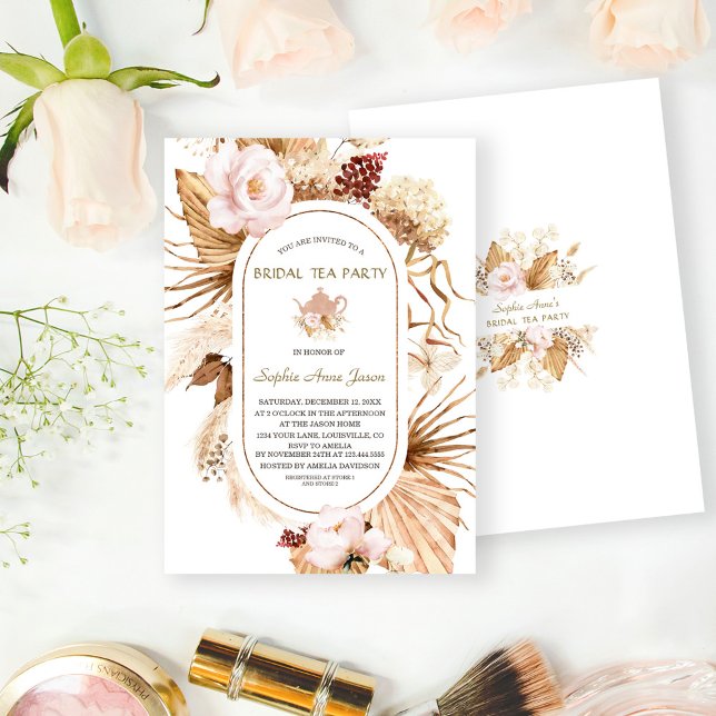Pink Floral Pampas Grass Palm Bridal Tea Party  Invitation (trendy bridal tea party invite, pampas grass terracotta bridal shower invitation, elegant bridal tea)