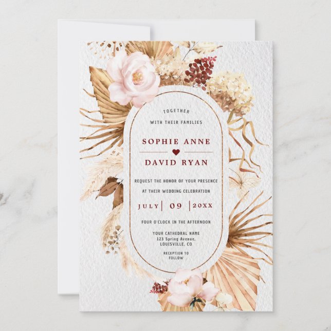 Pink Floral Pampas Grass Palm Leaves All In One  Invitation (Front)