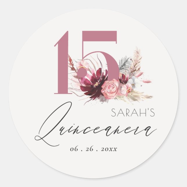 Pink Floral Pampas Grass Quinceanera 15th Birthday Classic Round Sticker (Front)