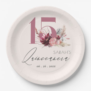 Pink Floral Pampas Grass Quinceanera 15th Birthday Paper Plate