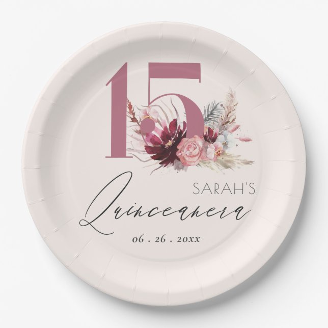 Pink Floral Pampas Grass Quinceanera 15th Birthday Paper Plate (Front)