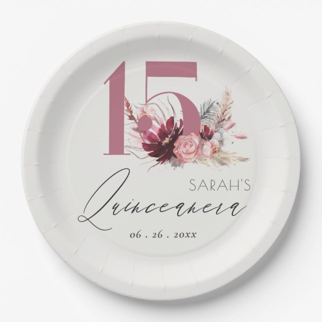 Pink Floral Pampas Grass Quinceanera 15th Birthday Paper Plate (Front)
