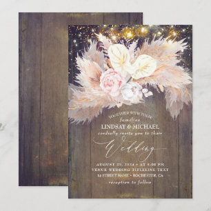 Pink Floral Pampas Grass Rustic Wood Wedding Invitation