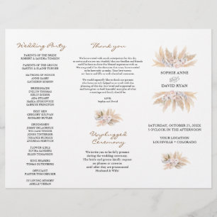 Pink Floral Pampas Grass Tri+Fold Wedding Program Flyer