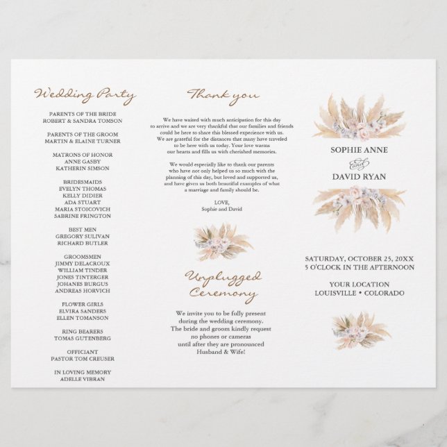 Pink Floral Pampas Grass Tri+Fold Wedding Program Flyer (Front)