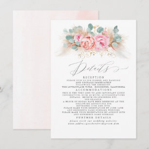 Pink Floral Pampas Grass Wedding Details Enclosure Card