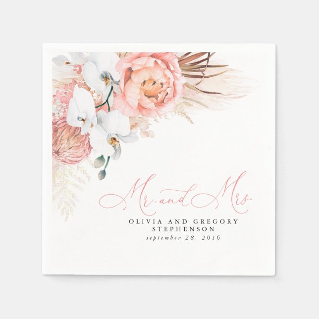 Pink Floral Pampas Grass Wedding Napkins (Front)