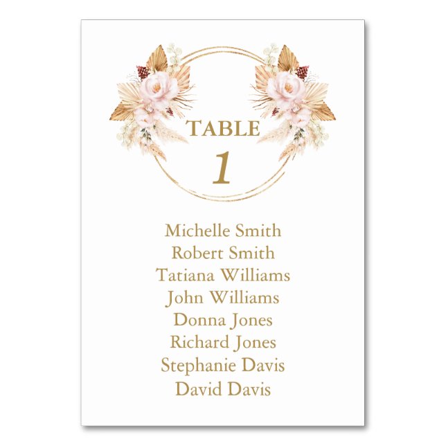 Pink Floral Pampas Grass Wedding Seating Chart  Table Number (Front)