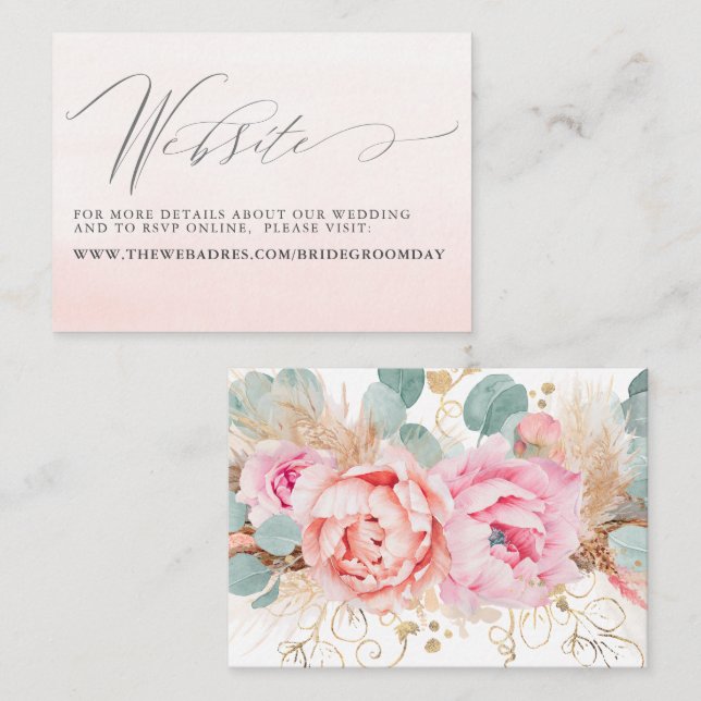 Pink Floral Pampas Grass Wedding Website Card (Front/Back)