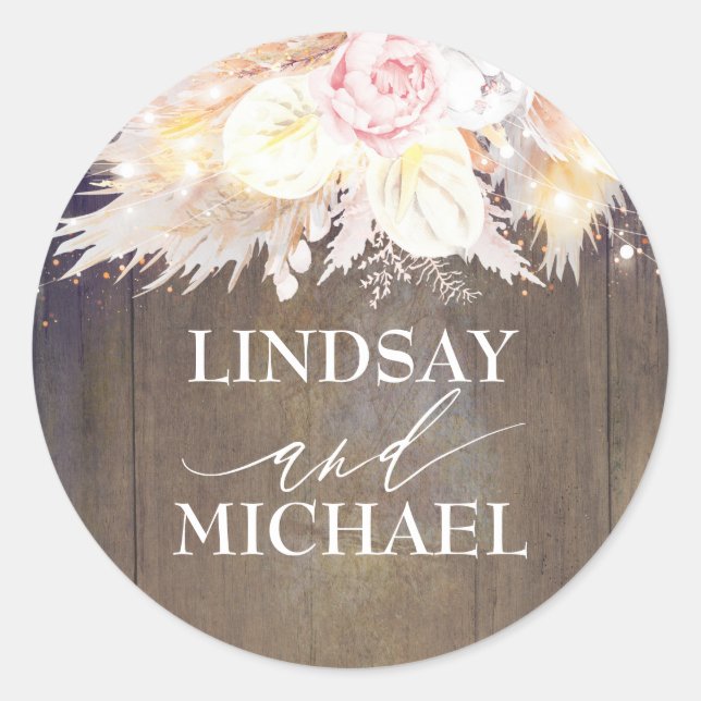 Pink Floral Pampas Grass Wood Wedding Classic Round Sticker (Front)