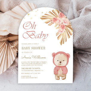Pink Floral Pampas Teddy Bear Arch Baby Shower Invitation