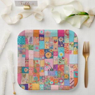 Pink Floral Patchwork Quilt Pattern Paper Plate