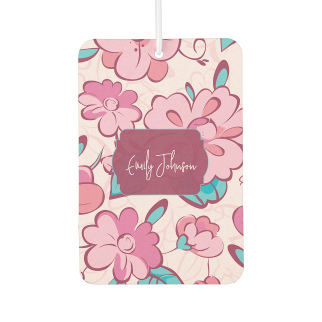 Pink Floral Pattern Custom Name Car Air Freshener (Front)