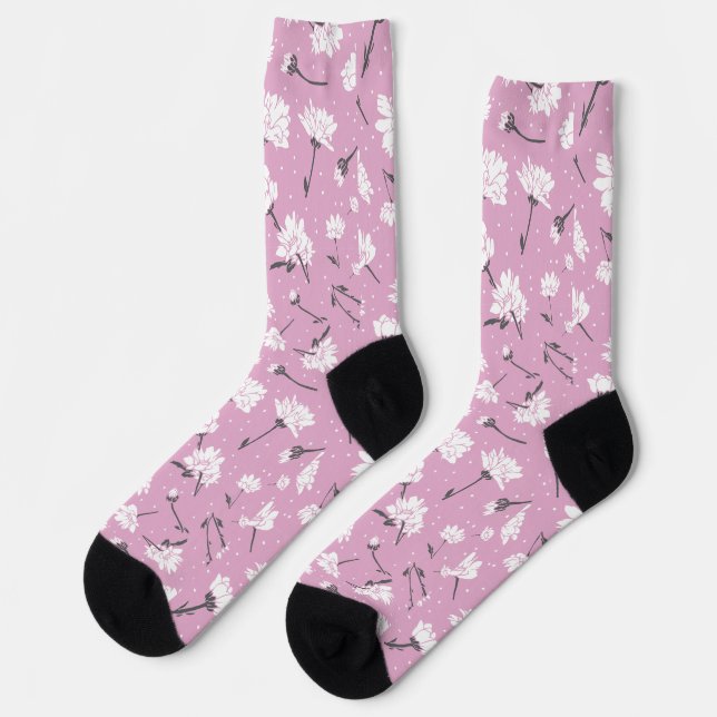 Pink Floral Pattern Design - Elegant Flower Art Socks (Left)