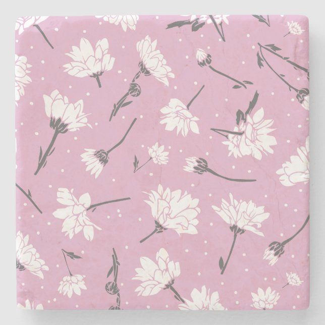 Pink Floral Pattern Design - Elegant Flower Art Stone Coaster (Front)