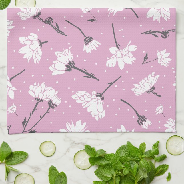 Pink Floral Pattern Design - Elegant Flower Art Tea Towel (Folded)