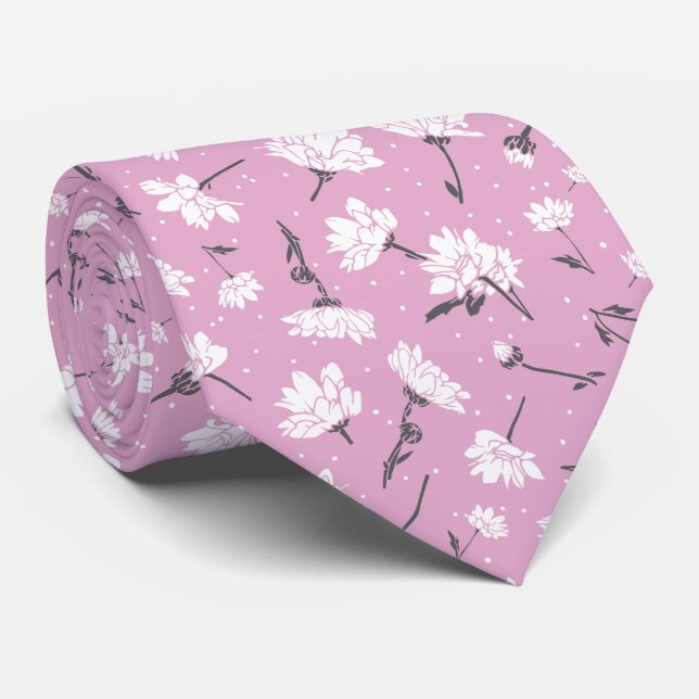 Pink Floral Pattern Design - Elegant Flower Art Tie (Rolled)