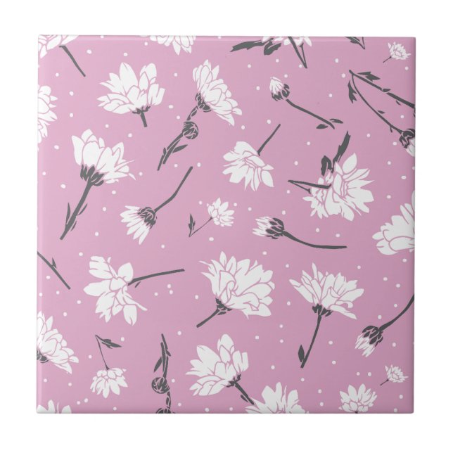 Pink Floral Pattern Design - Elegant Flower Art Tile (Front)