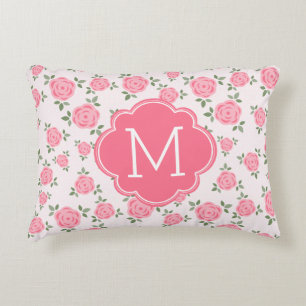 Pink Floral Pattern Monogrammed Decorative Cushion